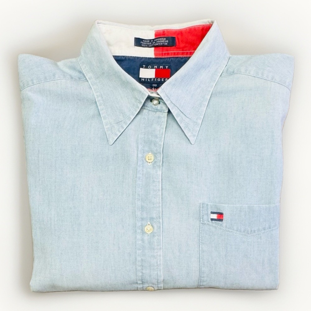 Vintage 90s Tommy Hilfiger Denim Button Down Shirt Men's XL Size 16